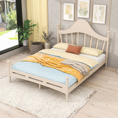 Wood Platform Bed with Slats and Curved Headboard
