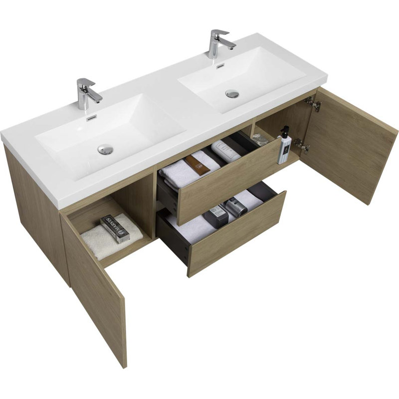 Meuble-lavabo double 59,06 po avec plateau en résine, Chêne