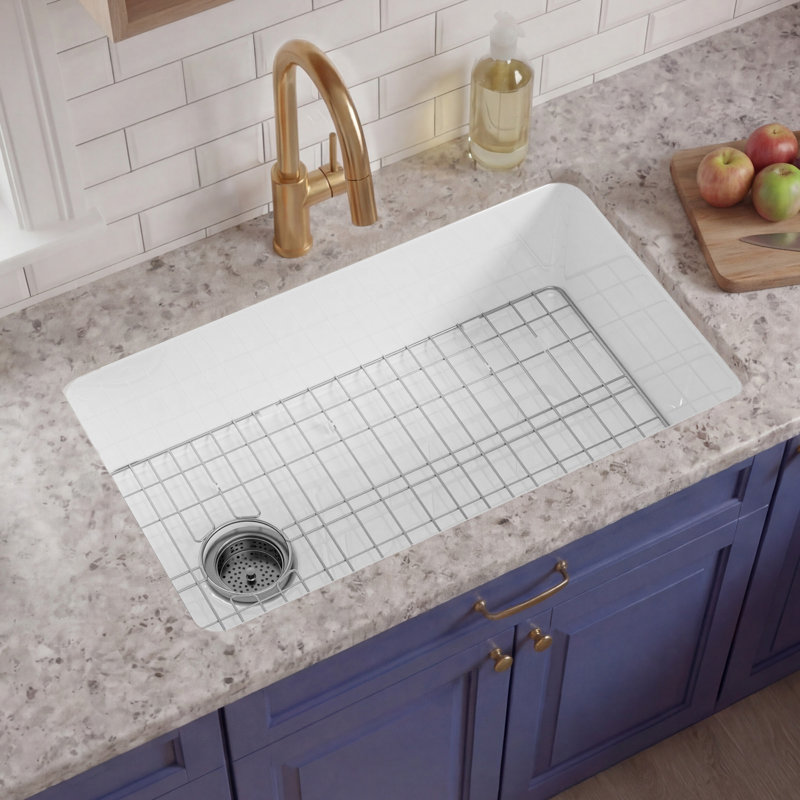 32"Lx19"W Fireclay Undermount Kitchen Sink Offset Drain, Drop In Kitchen Sink White Single Bowl, Dual Mount, Included 2 Custom Accessories
