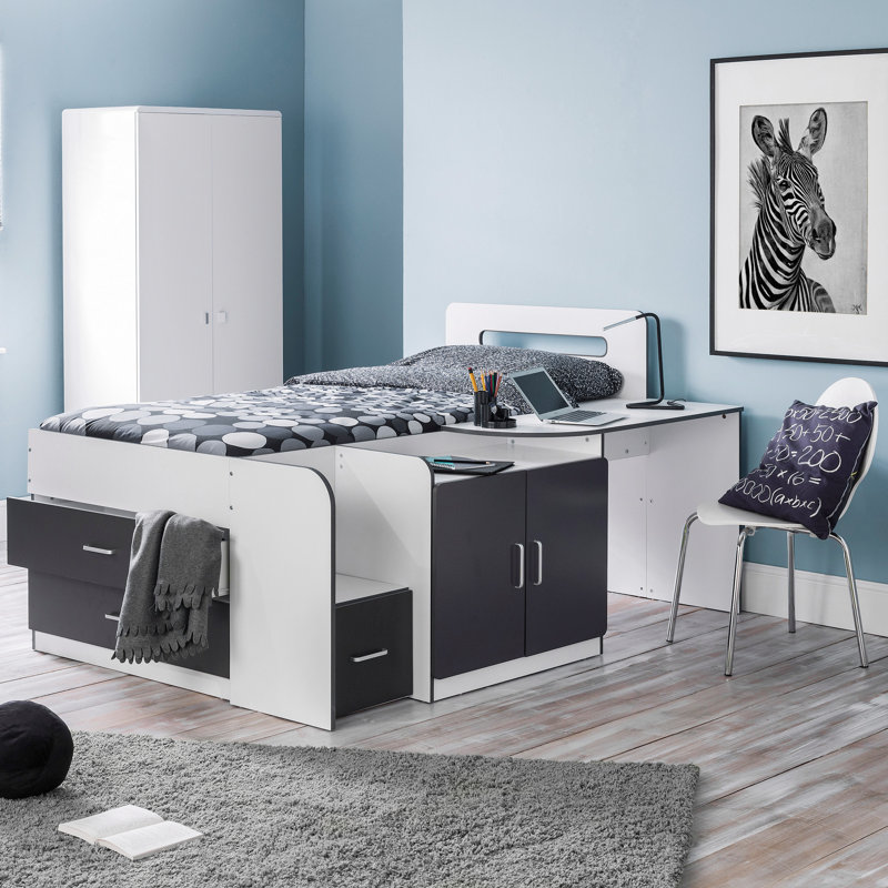 Cambell Single (3') Mid Sleepers with Storage Included with Built-in Ladder Included with Desk Included, White/Black, Basic