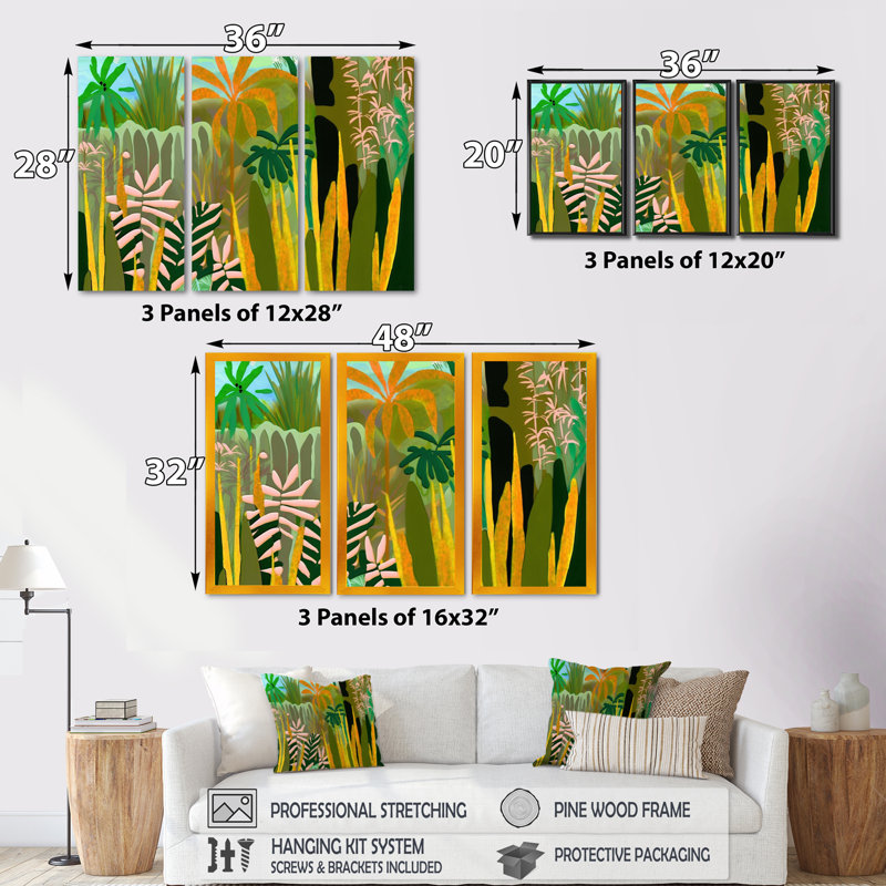 «Blossoming And Vibrant Jungle Flora III», reproduction sur toile 3 pièces, Toile encadrée noire, H 32 po x l 48 po x P 1 po