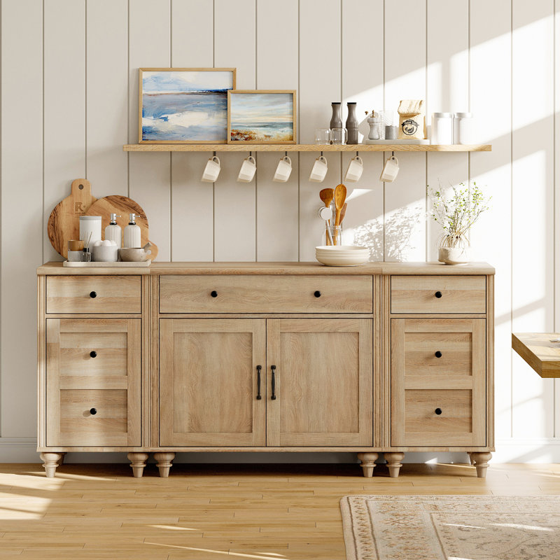 Buffet Cabinet With 3 Drawers, Large Morden Coffee Bar Table, Wooden Kitchen Storage Cabinets With 4 Doors, 3-In-1 Farmhouse Sideboard Credenza With Power Outlets For Dining Room, Oak, 67"