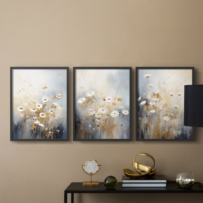 Étude florale série Cxx - ensemble de 3 estampes giclées encadrées - prêt à, Noir, noir, noir, noir, H 14 po x l 11 po