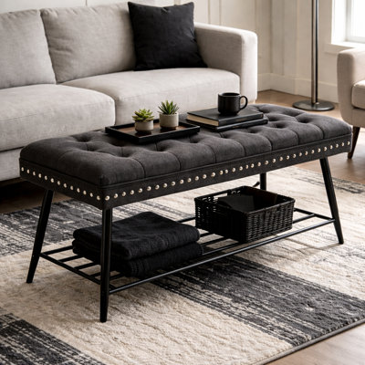 Banc de salle à manger rembourré, banc en tissu touffeté avec garniture cloutée, banc d'entrée avec tablette de rangement, banc de bout de lit
