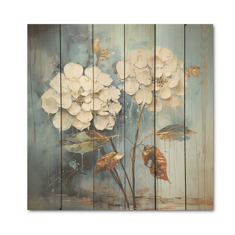 Hortensias bleus en fleurs dans des tons de gris I - Art mural en bois d'hortensias sur bois de pin naturel