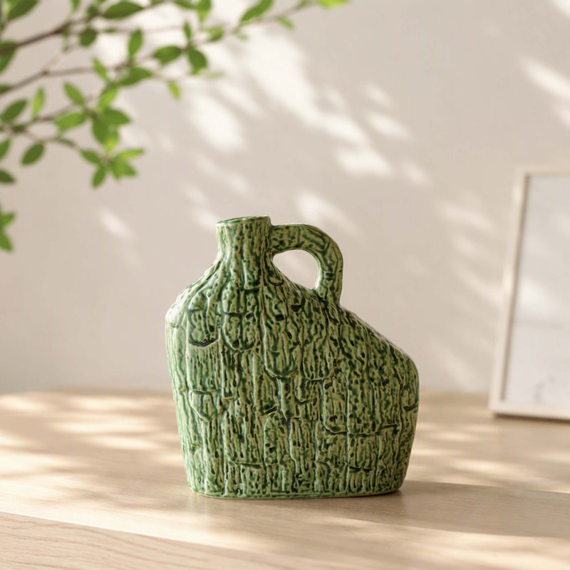 Mini Asymmetrical Green Ceramic Accent Vase with Handle, Boho Shelf Decor