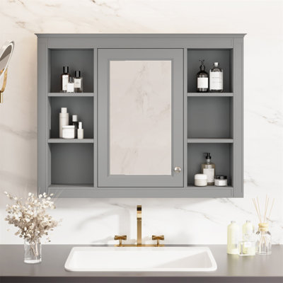 Armoire à pharmacie de 35 po x 27,5 po, armoire de rangement murale pour salle de bain, armoire de salle de bain moderne avec miroir, armoire à miroir avec 6 tablettes ouvertes