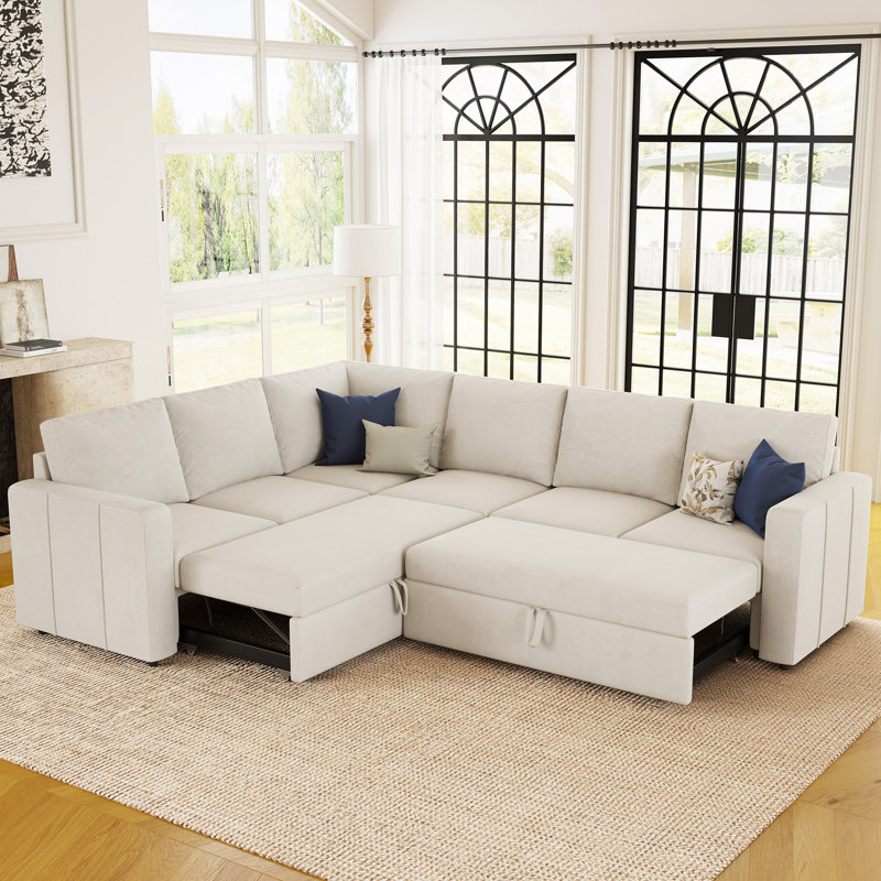 L-Shaped Modular Sleeper Sectional, Velvet - Beige