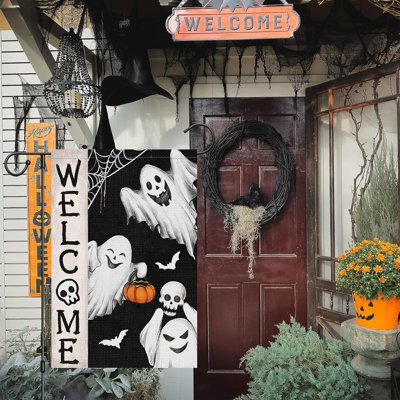 Halloween Ghost Garden Flag 12X18 Double Sided, Burlap Small Spooky Welcome Halloween Bat Yard House Flags Seasonal Holiday Outdoor Outside Decor (ONLY FLAG)