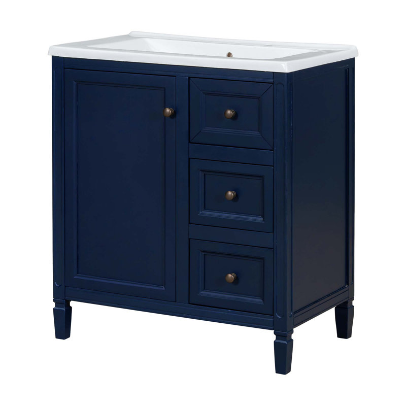 Meuble-lavabo de 30 pouces avec lavabo en résine, trois tiroirs et deux tablettes de porte, Bleu