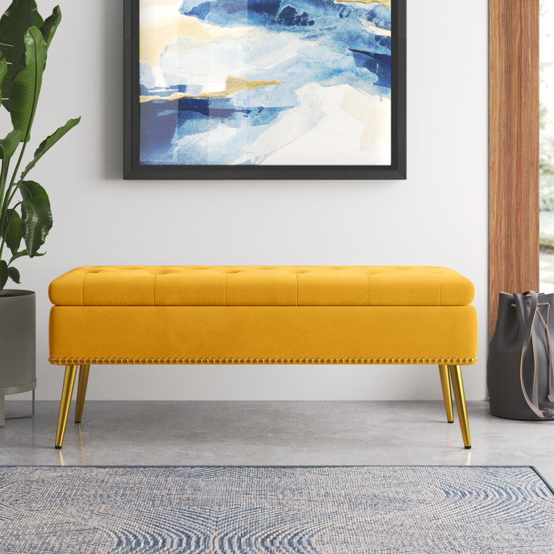 Banc de rangement rembourré en velours Kajana, Velours moutarde
