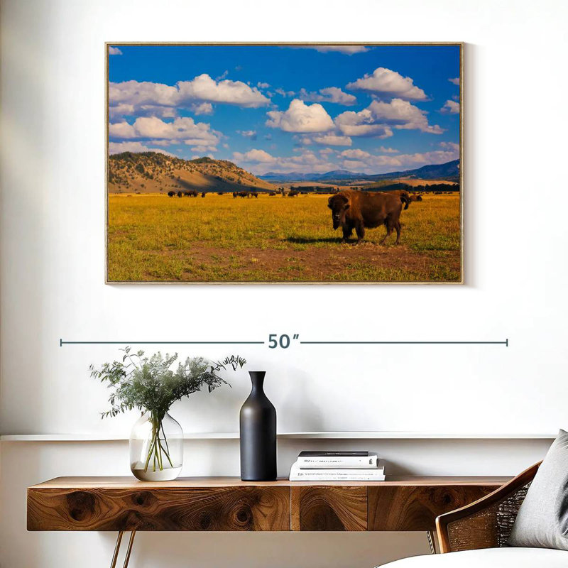Bison dans le parc national, Cadre flottant en bois naturel, 40 po x 27 po