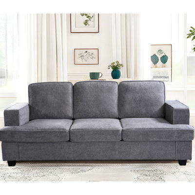 3 Seater Grey Velvet Couch With Deep Seating, High Foam, For Living Room, Apartment, Office Modern In Grey, Foam And Loose Back Cushions Room