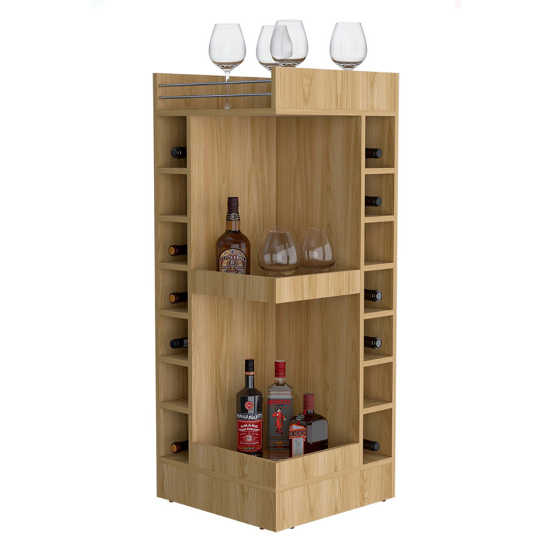 Corner Bar Cabinet With Wine Rack And Open Shelf, Natural Wood