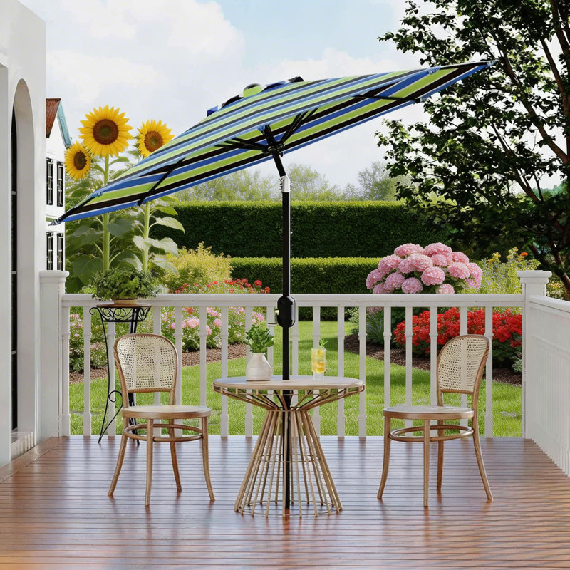 Parasol de patio de 9 pi avec manivelle et inclinaison à bouton-poussoir, Vert, bleu et noir, 107" W x 107" D
