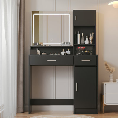 Vanity Desk With Mirror And LED Light Strip,Dressing Table With Large Drawer, 3 Level Storage Dresser & 3 Lighting Modes Adjustable Brightness