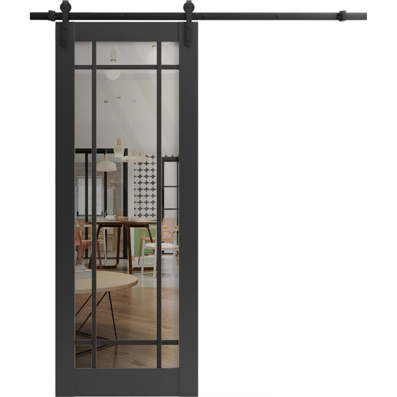 Porte de grange robuste en verre trempé transparent Lucia 2266 Noir mat, rail noir de 2 m (6,6 pi), quincaillerie robuste, portes intérieures modernes à panneaux pleins - 71 cm x 244 cm (28 po x 96 po) - Verre transparent - Rail noir