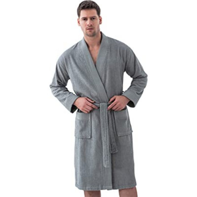Terry Cloth Above Knee Bathrobe with Pockets