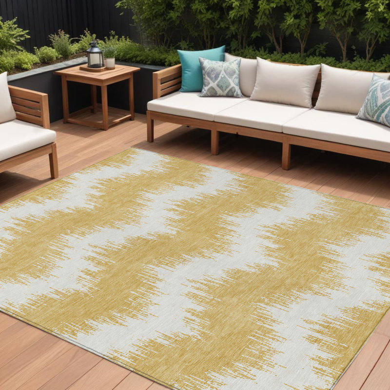 10' X 14' Gold And Ivory Chevron Washable Indoor Outdoor Area Rug