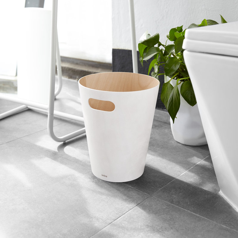 White and Natural Wood Bathroom Trash Can with Handles