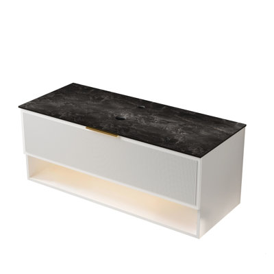 Armoire murale blanche en contreplaqué de 48 po avec plateau fritté en pierre noire, tiroir simple, tablette ouverte, lumières à DEL et multicouche haute résistance avec motif