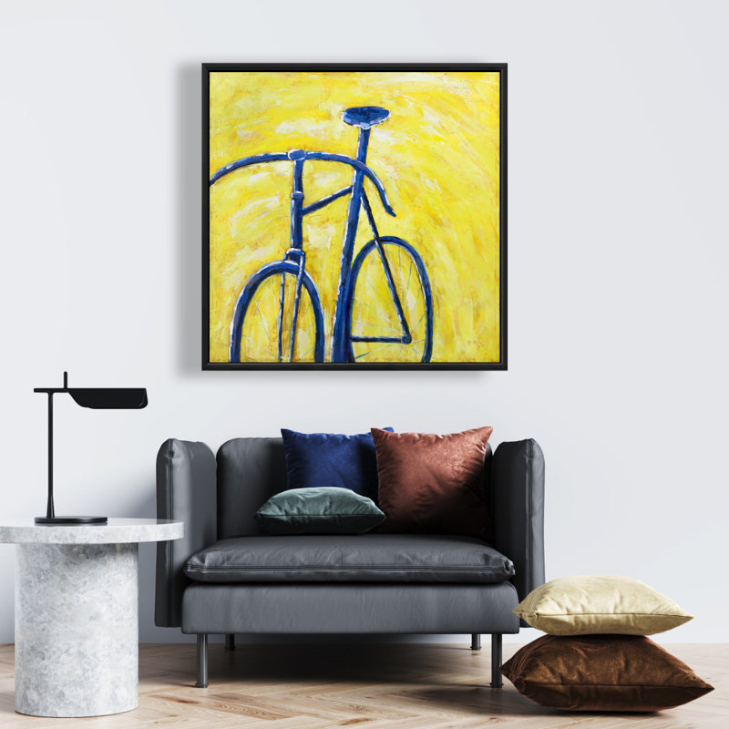 Vélo bleu sur fond jaune, reproduction sur toile, H 24 po x l 24 po