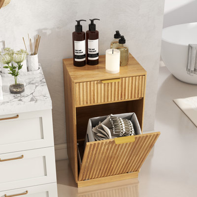 10 Gallon Tilt Out Trash Can Cabinet With Pull Out Bin And Wave Textured Drawer, Oak Finish