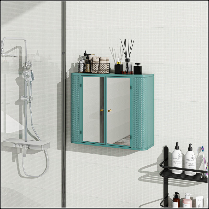 Armoire de salle de bain murale avec miroir, 2 portes en miroir et tablette ouverte, rangement en métal pour meuble-lavabo Farmhouse