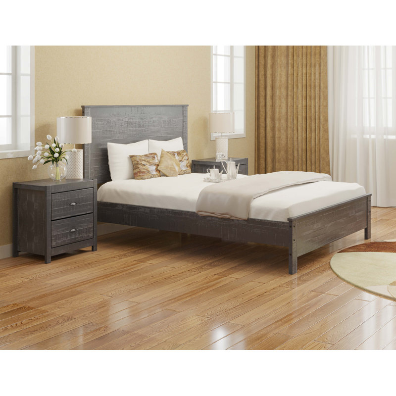Cadre de lit en bois massif robuste avec 2 tables de chevet Albany, Gris, Simple