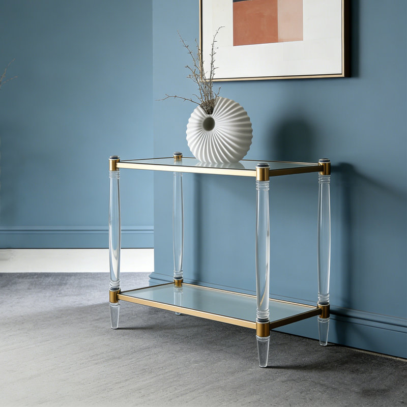 Simple acrylic transparent glass console table, 31.5" H x 31.5" W x 13.78" D, Clear/Gold