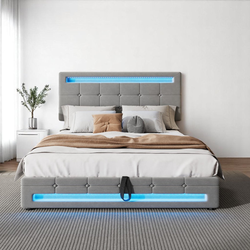4Ft6 Double Bed Velvet Upholstered Bed With 7 Colors LED-Light Strips, Grey