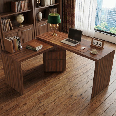 Bureau en coin 90 po en L 90 po avec 3 tiroirs pivotants à 360 degrés, finition noyer pour le bureau à domicile et le salon