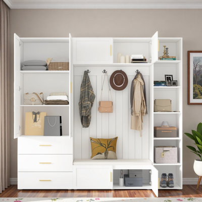 4-in-1 Hall Tree With Padded Bench, 4 Hooks, 3 Drawers And Adjustable Storage Shelves