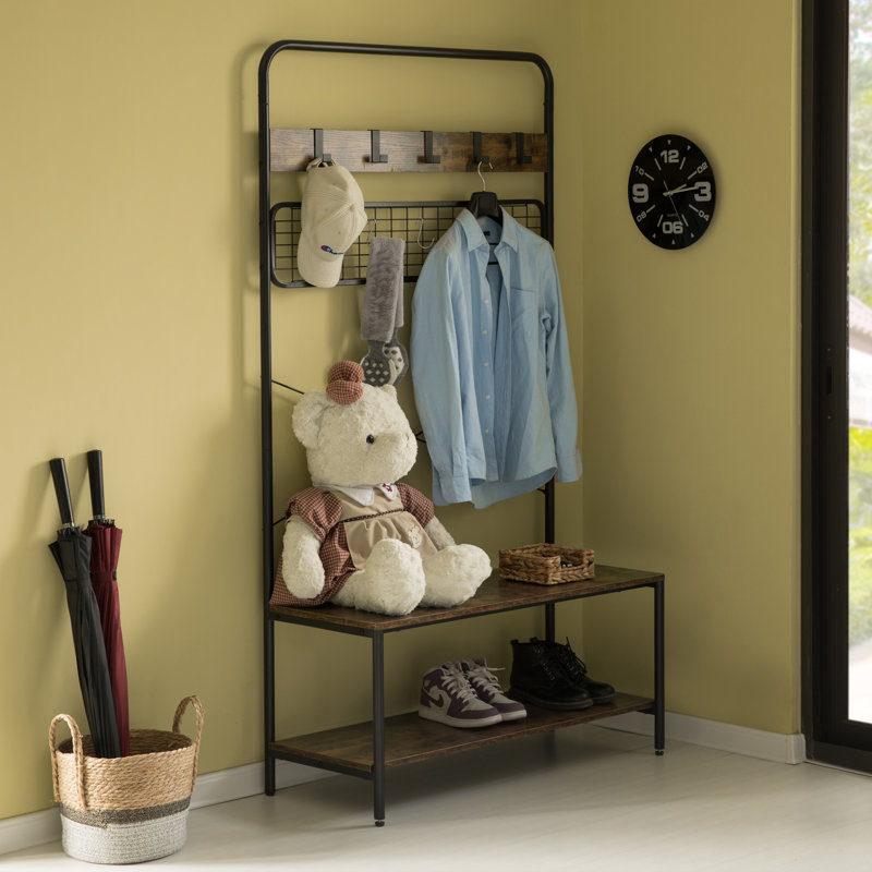 Vintage Brown and Black Metal Hall Tree with Storage and Hooks