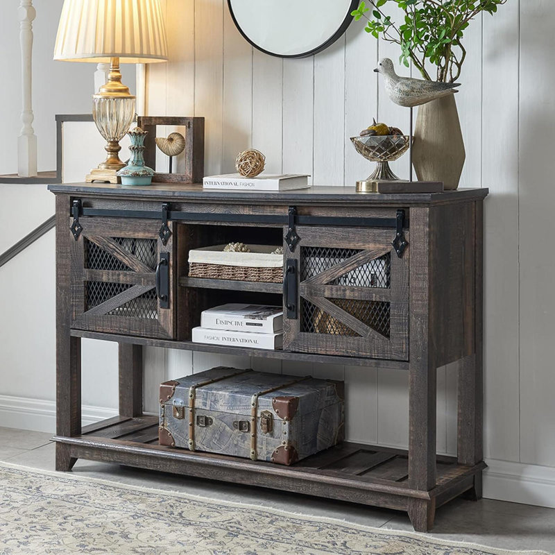 Yasmine 46" Farmhouse Console Table,Entryway Table  With Sliding Barn Door, Dark Rustic Oak