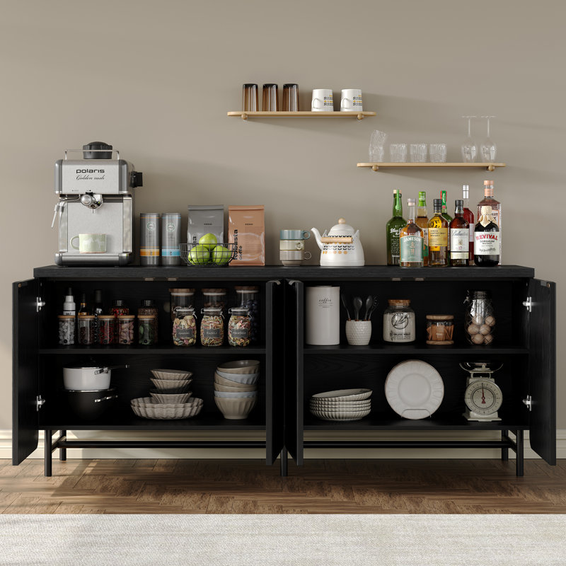 Buffet Lizabeta de 66 po avec 4 portes, armoire de rangement cannelée pour salle à manger et salon, Noir