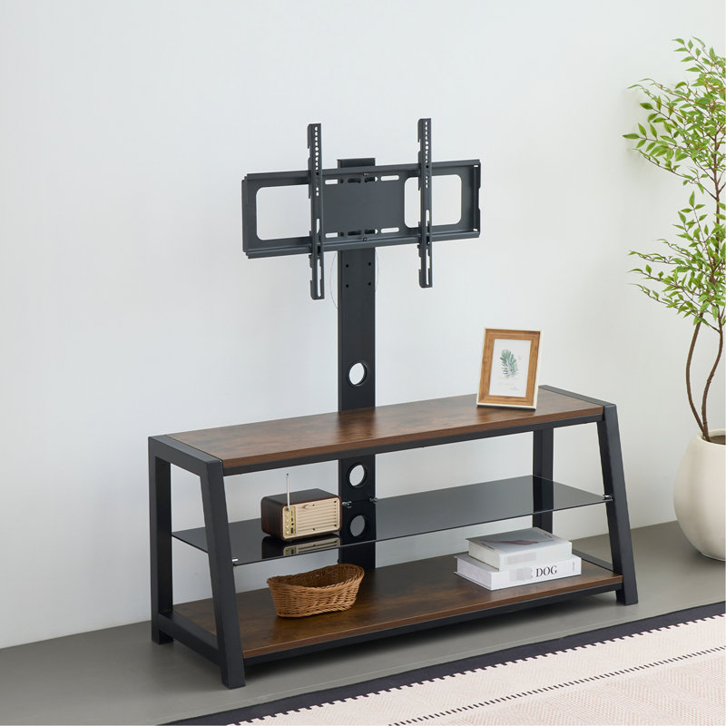 Wooden Tv Stand In Wood Color, Black Tempered Glass, 3 - Tier Shelves, 30 Bidirectional Rotating, Height Adjustable For 32" 65" Tvs, Easy Installation Storage With Power Socket