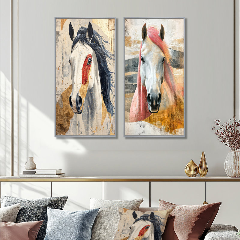 «Native Horse Freedom Unbridled I», art mural 2 panneaux, H 32 po x l 33 po, Encadrement argenté