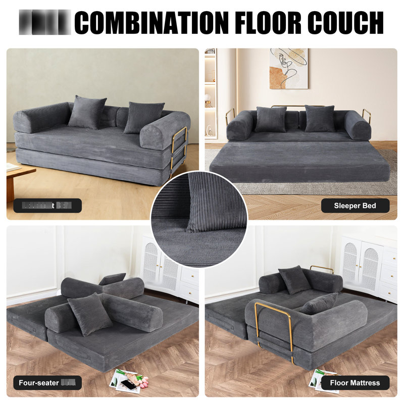 Lit convertible de 75 pouces, 21 pouces de mousse à mémoire comprimée, fausse fourrure, salon, usage domestique, gris cendré, microfibre, canapé-lit pliable 3 places sans dossier, avec mousse et 2 oreillers, pour petits espaces