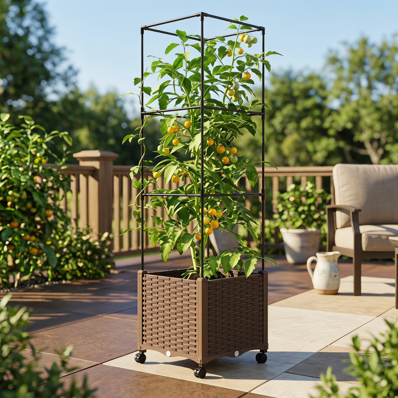 Lit de jardin surélevé avec treillis, cage de plante mobile avec système d'auto-arrosage et roues verrouillables pour tomates, pois, roses