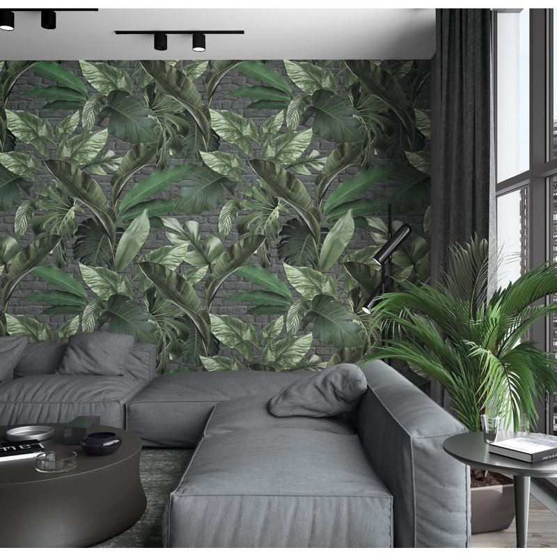 Aaronn Tropical Leaves With Exposed Brick Background 3-panel (3 x 2.7m) Wall Mural, Green/Dark Grey