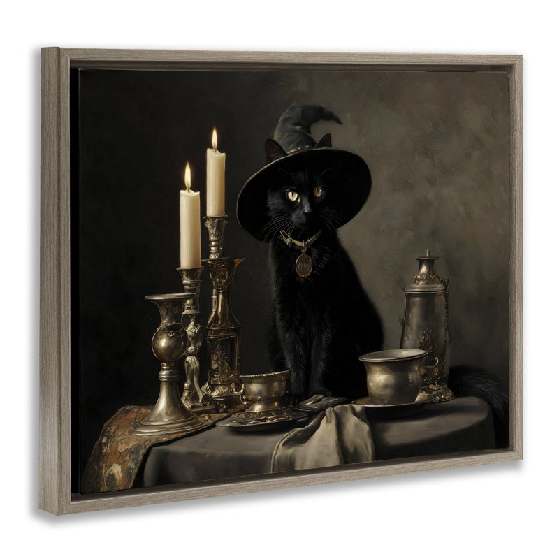 Cadre flottant rétro avec chat noir Witchy, design par Arlington Prints, Cadre flottant orme Montalcino, H 25 po x l 31 po