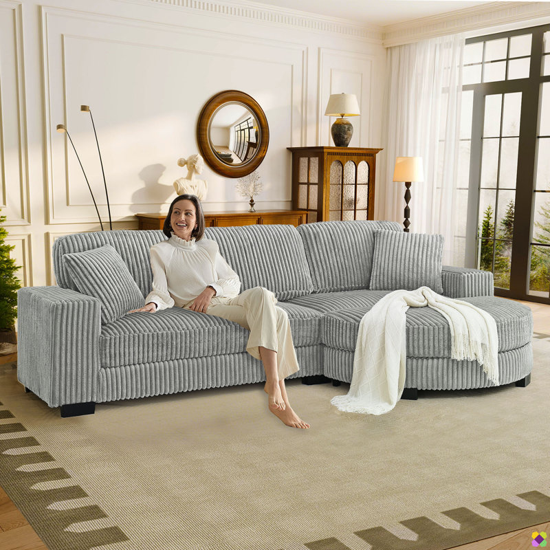Loette 110.63"W Corduroy LAF RAF Sectional, Gray Corduroy 