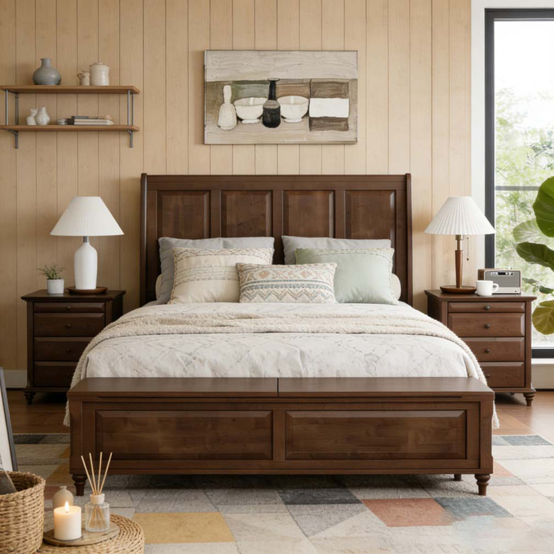Solid Wood High Headboard Sleigh Bed with 64" Storage Space, Walnut Brown, Queen