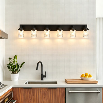 6-Light Black Bathroom Vanity Light, Modern Wall Mount Lighting Fixture with Clear Ribbed Glass Shades, Industrial Wall Sconce for Bathroom Mirror, Kitchen, Living Room, E26 Base