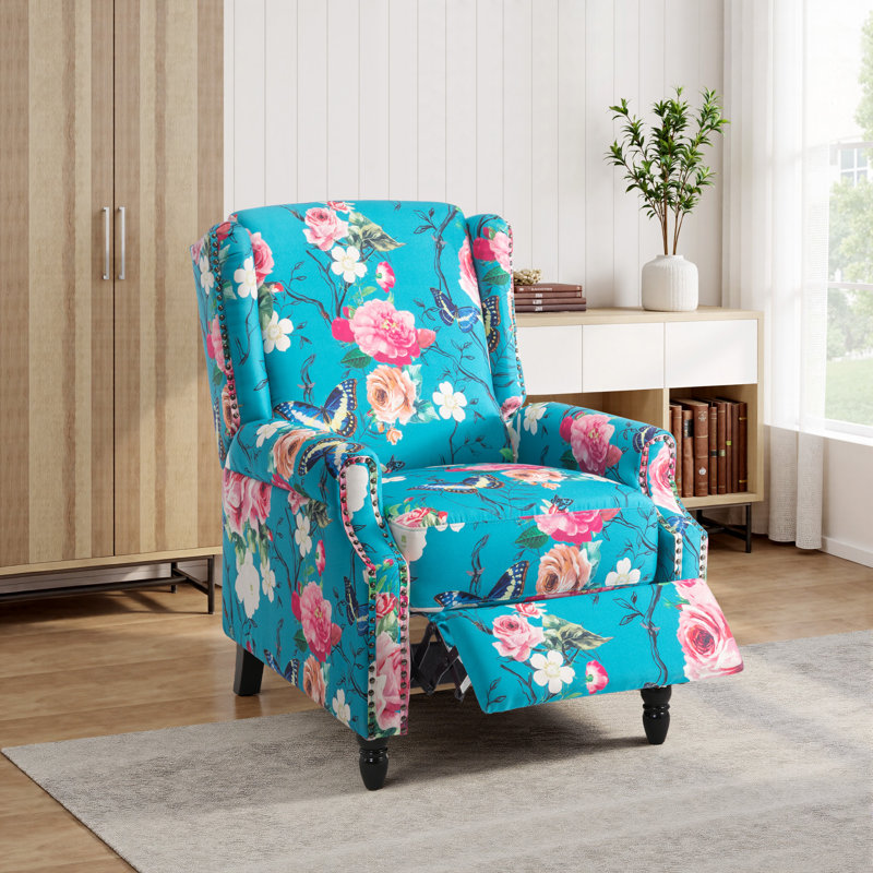 Upholstered Classic Wing Back Manual Push Back Recliner With Naihead Trims And Solid Vase-Shape Wooden Legs
