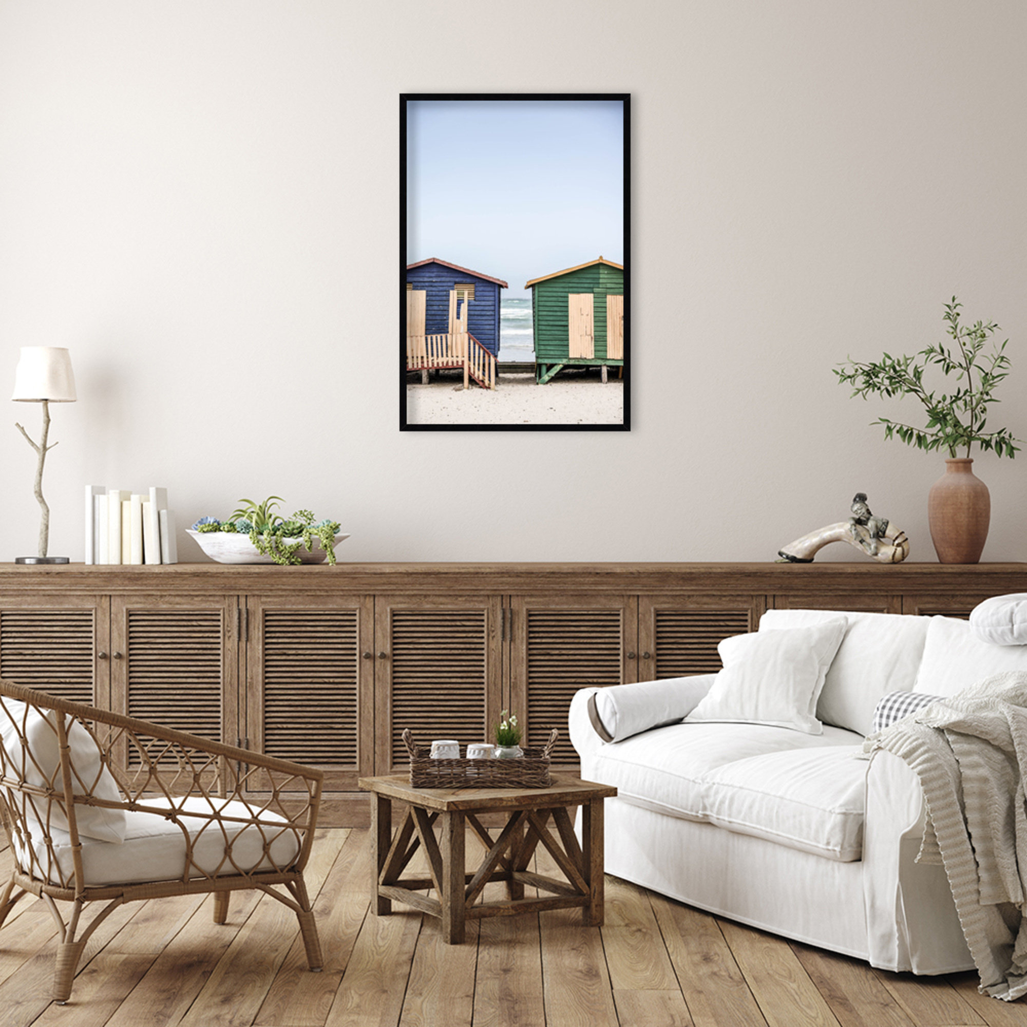 Blue and Green Huts by Shot by Clint Wood Framed Wall Art Print, Black, 41" H x 28" W