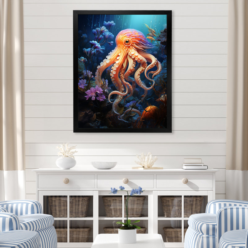 " Popart Octupus Impression ", 44" H x 34" W x 1.5" D, Black Single Picture Framed