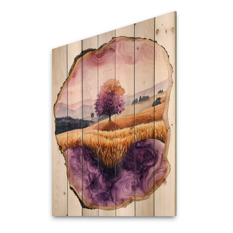 Ferme charme champ avec encre lavande III - décoration murale en bois de ferme - sur bois de pin naturel