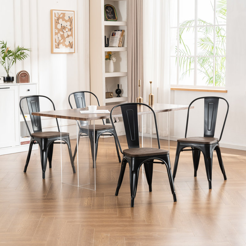 Modern Counter Stool with Metal Frame, Stacking Side Chair, Armless Dining Chair, Indoor Outdoor Patio Chair, Black